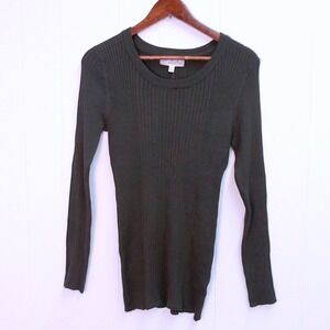 Olive Ribbed Knit‎ Long Sleeve Top, Crew Neck Black Casual Pullover Lg / #8060